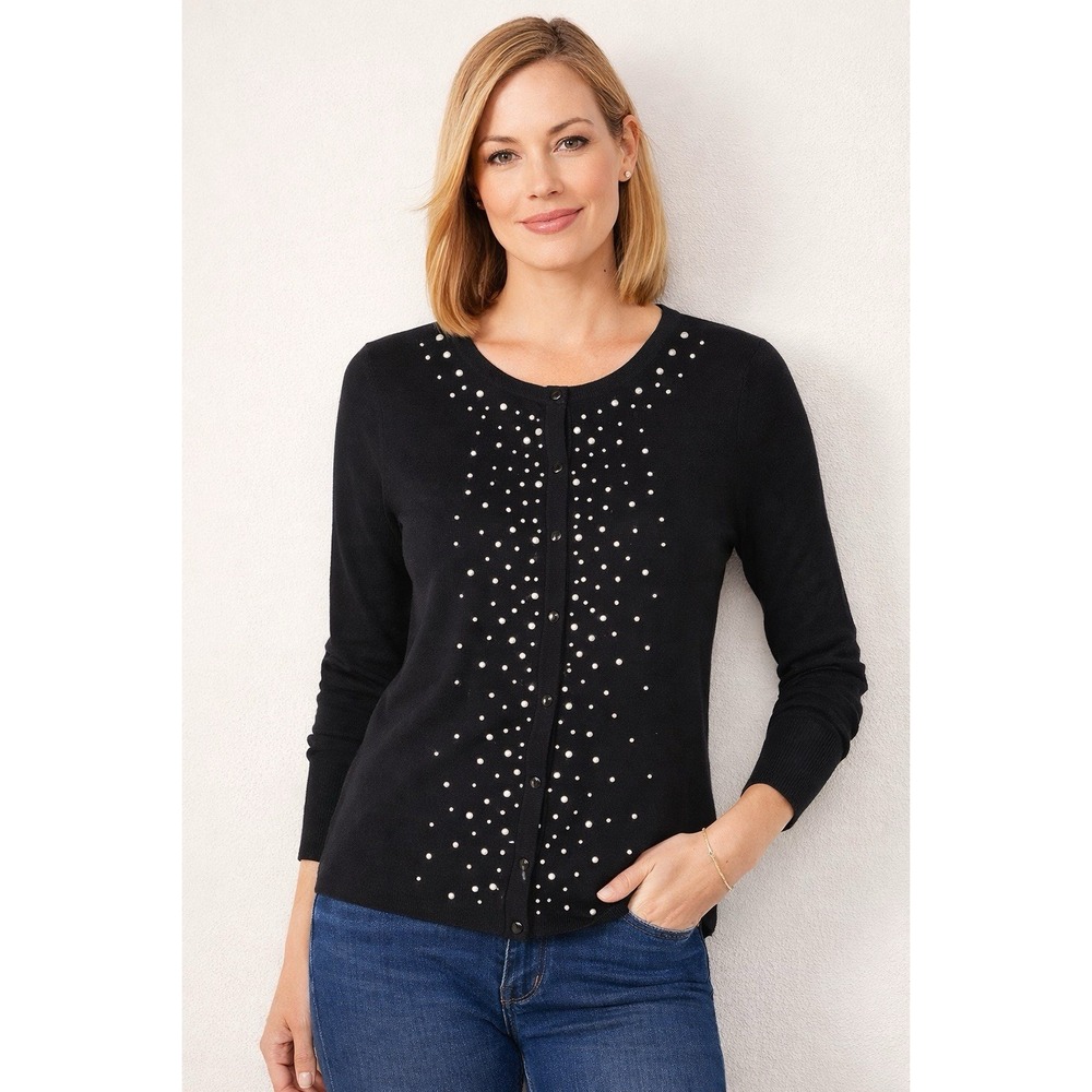 Chico's Cardigan Black Size 1 M Faux Pearl Embellishment Sweater Holiday‎ Work